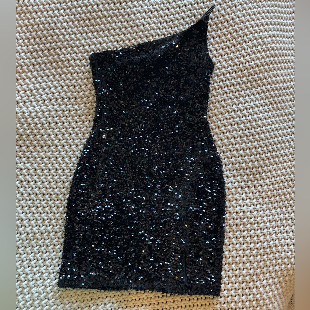 Midnight Doll One Shoulder Sequin 
Front Slit Bodycon Dress